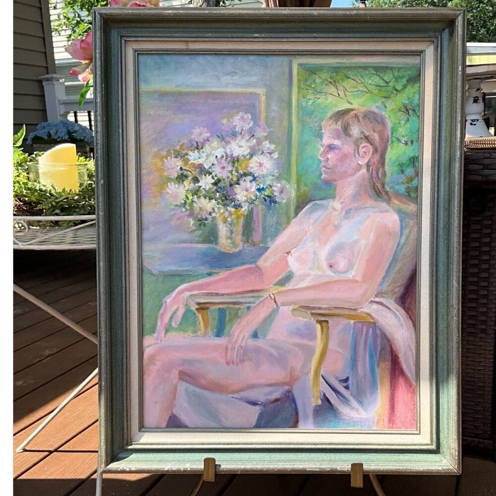 Vintage female nude oil painting seated woman pastel colors large size